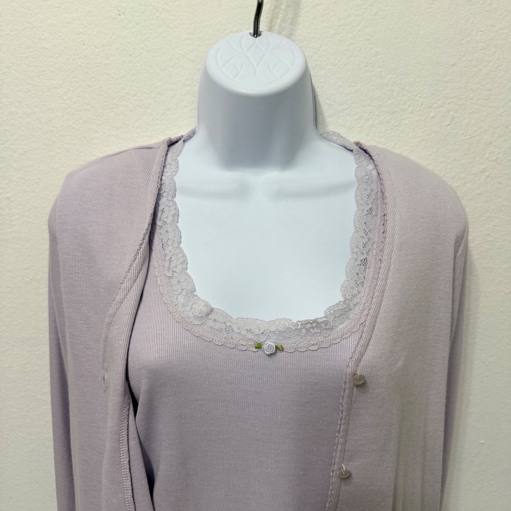Joie Sleep Womens Lavender Ribbed Pajama Set Cardigan Camisole Lace Trim Small - Picture 9 of 9